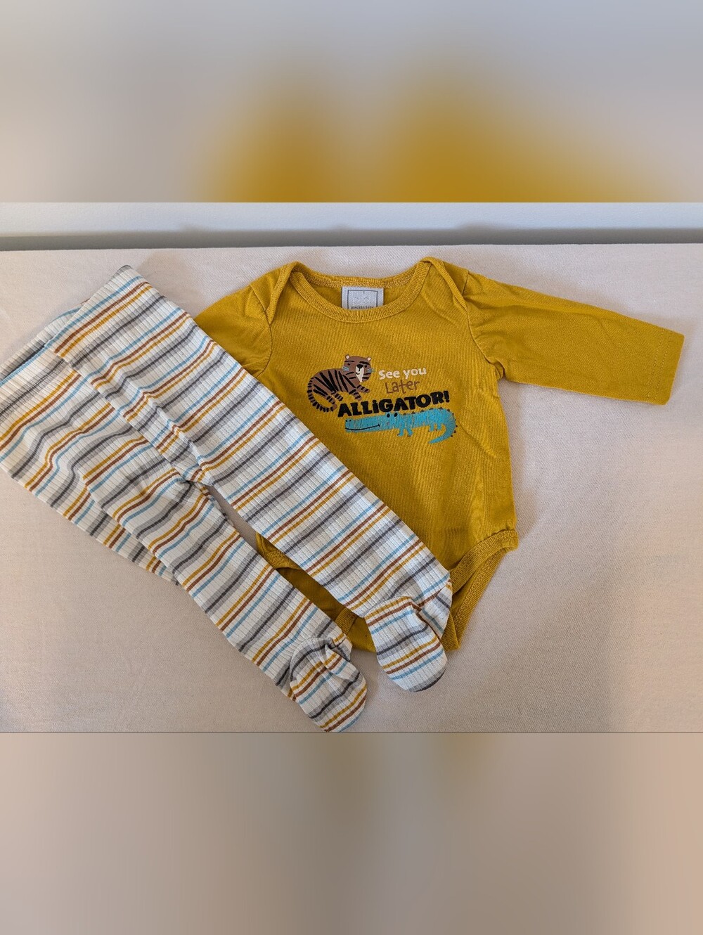 Mustard Yellow Alligator Graphic Baby One-Piece with Matching Striped Pants